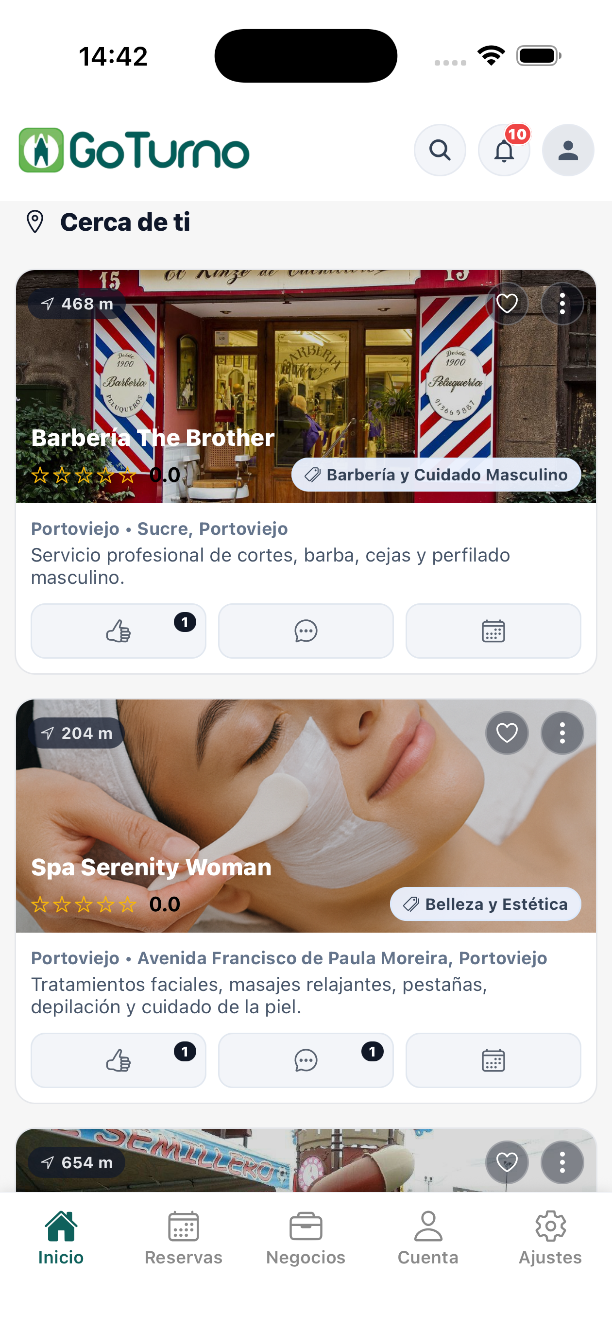 Pantalla de descubrimiento de servicios cercanos en GoTurno